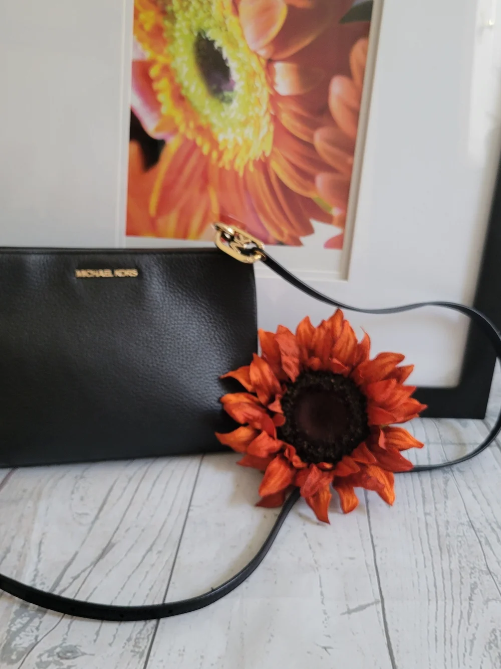 Michael Kors Trisha Black Pebbled Leather Gold-Tone Crossbody